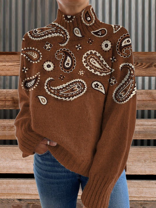 Vintage Brown Ethnic Cashew Flower Print Knit Turtleneck Pullover Sweater