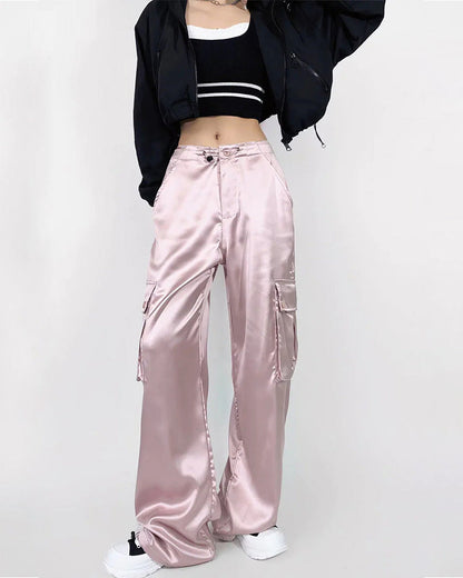 Loose Straight High-Waisted Casual Satin Overalls