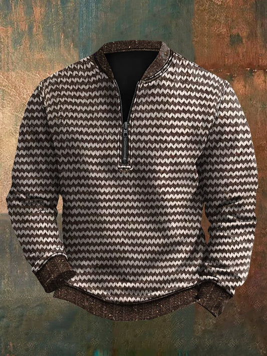 Men's Vintage Herringbone Western Print Zip-Up Sweatshirt