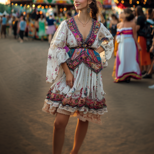 Ladies Vintage Western Cologne Carnival Ethnic Style Print Cotton And Linen Patchwork Lace Boho Dress