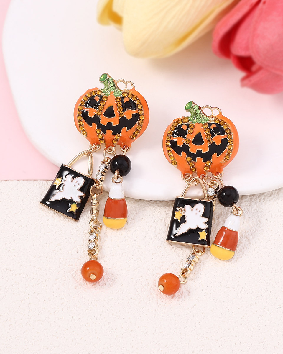 Halloween Oil Drop Zirconia Pumpkin Skull Tassel Earrings