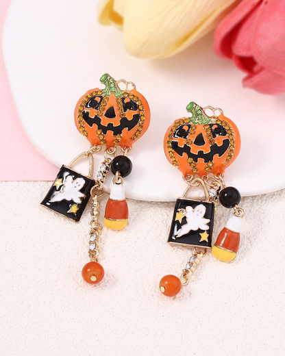 Halloween Oil Drop Zirconia Pumpkin Skull Tassel Earrings