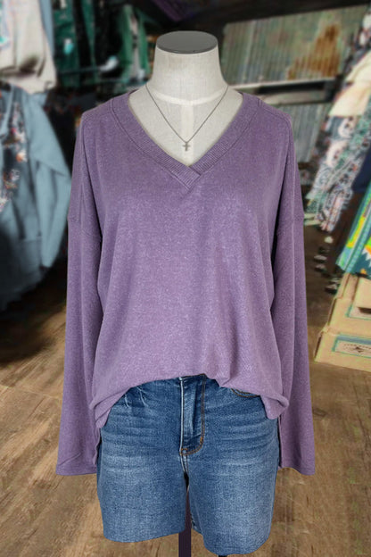 Solid V-Neck Long Sleeve Top