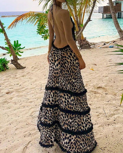 Leopard Print Cutout Lace Backless Strappy Halterneck Dress