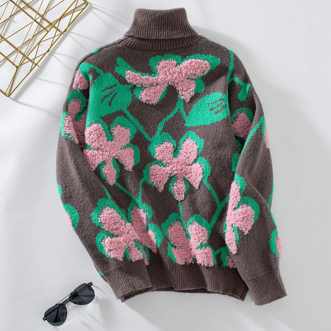 3D Flocked Flower Pattern Sweater For Women Autumn And Winter Lapel Knitted Sweater Top