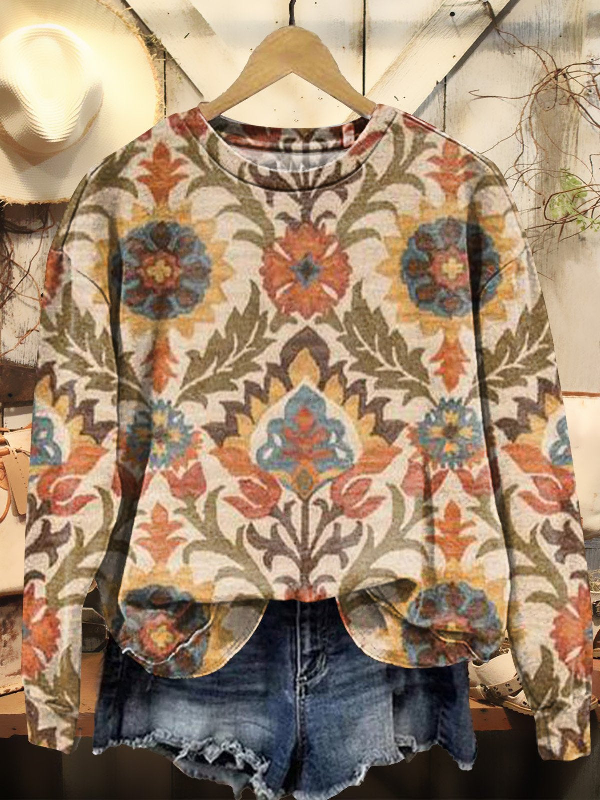 Women's Vintage Folk Flower Art Patterns Prints Casual Sweatshirt