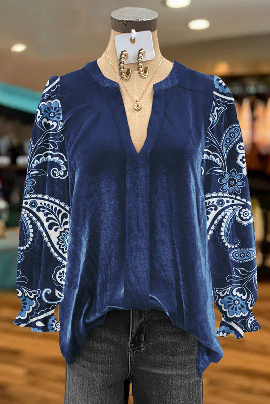 Classic Paisley Print Velvet V-neck Blouse