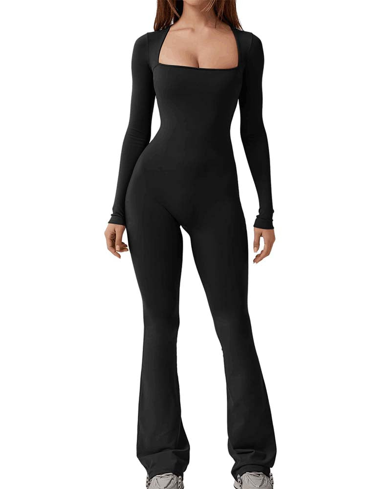 Long Sleeve Wide Collar Slim Fit Yoga Jumpsuit