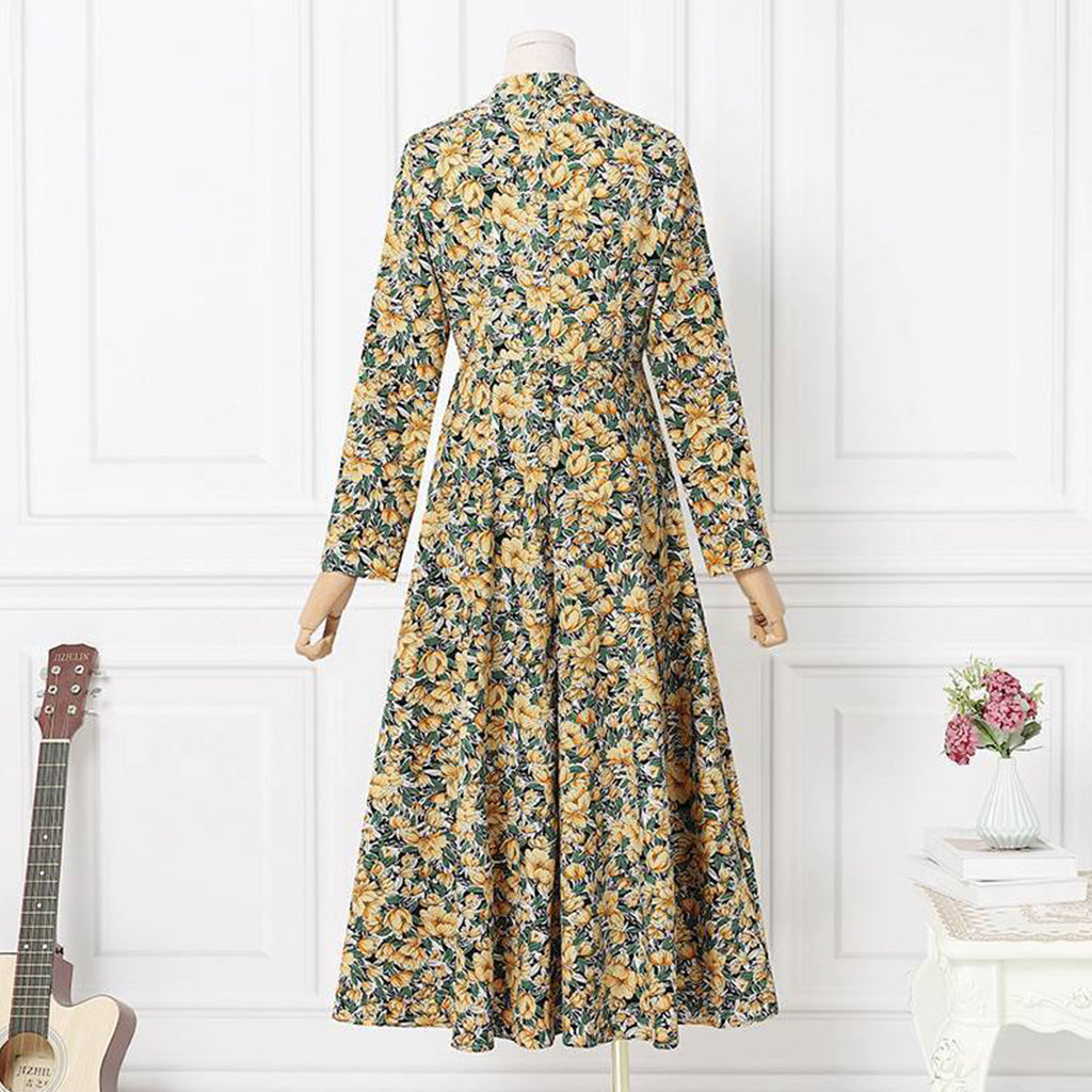 Long Sleeve Round Neck Pocket Print Temperament Long Dress