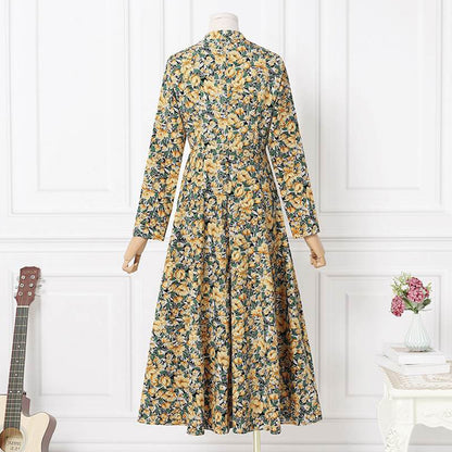 Long Sleeve Round Neck Pocket Print Temperament Long Dress