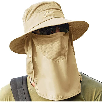 UPF 50+ Sun Fishing Hat for Men Women Wide Brim Hat with Detachable Face Cover & Neck Flap Khaki