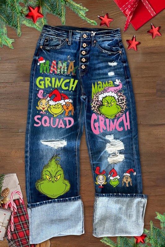 Fun Christmas Grinch Print Ripped High Waist Jeans