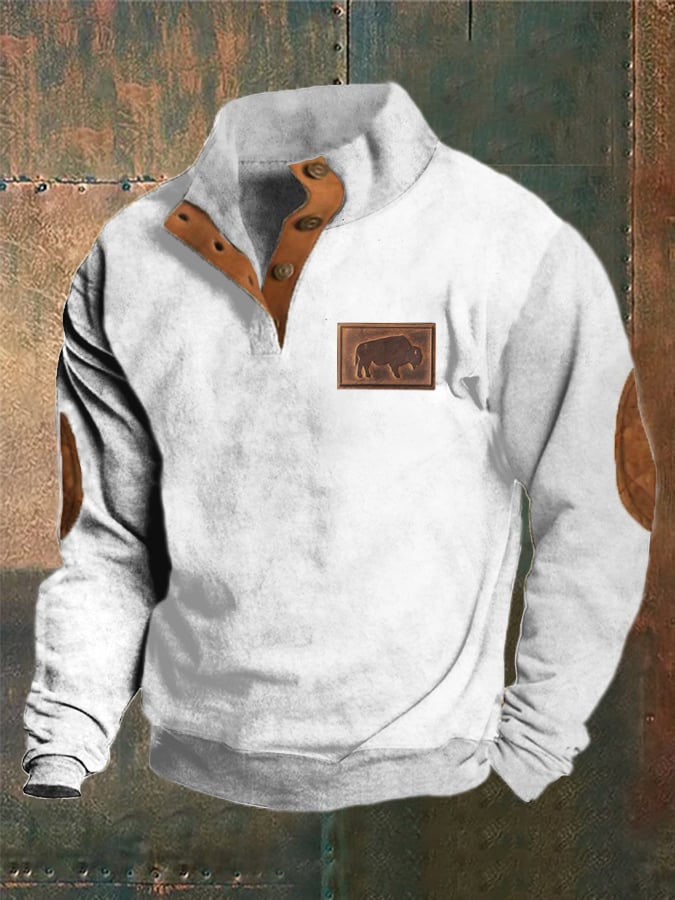 Men's Western Vintage Contrast Patch Print Stand Collar Button Sweatshirt