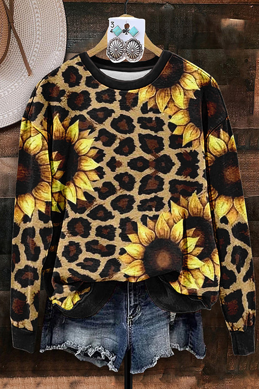 Vintage Western Leopard Sunflower Print Sweatshirt