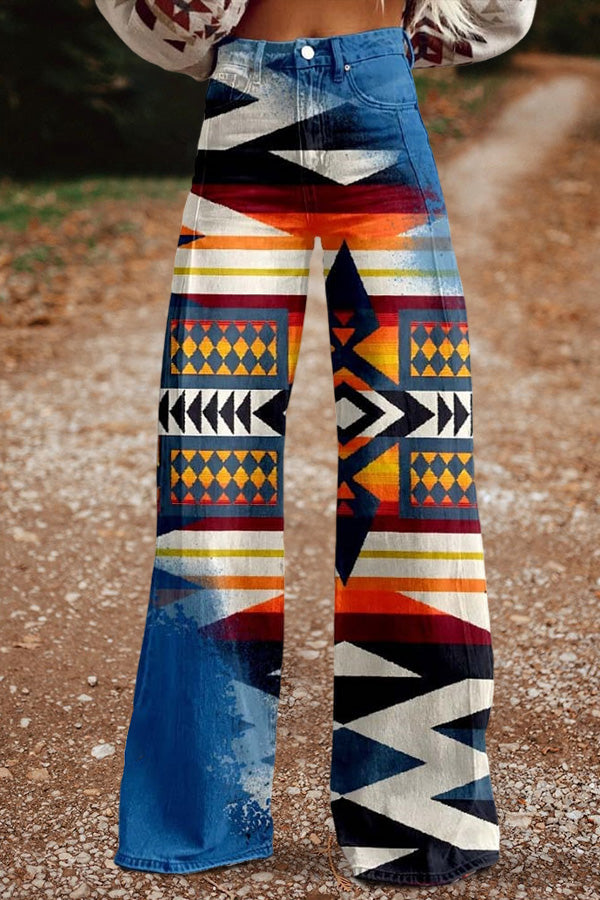 Women's Aztac Print Casual Wide Leg Pants