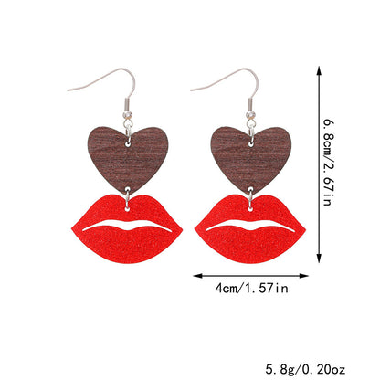 Valentine's Day Wooden Heart Lips Earrings