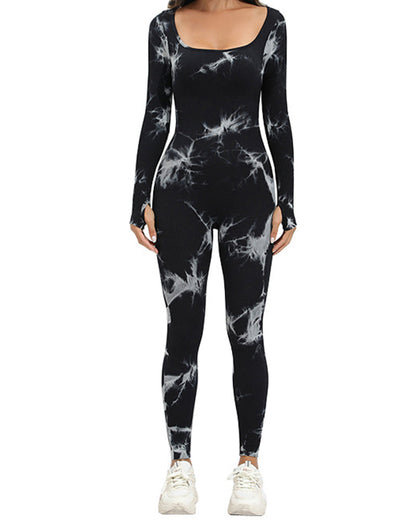 Tie Dye Square Neck Long Sleeve Athletic Seamless Yoga Bodysuit