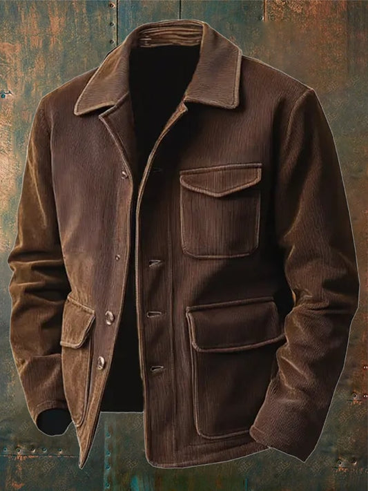 Men's Vintage Distressed Corduroy Pocket Outdoor Shirt Jacket