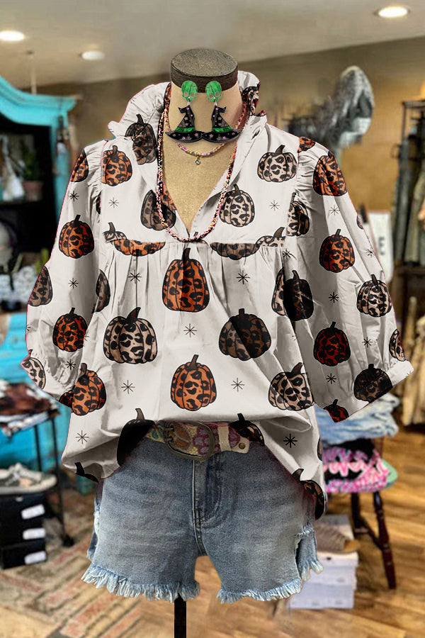 Halloween Pumpkin Print Puff Sleeve Blouse