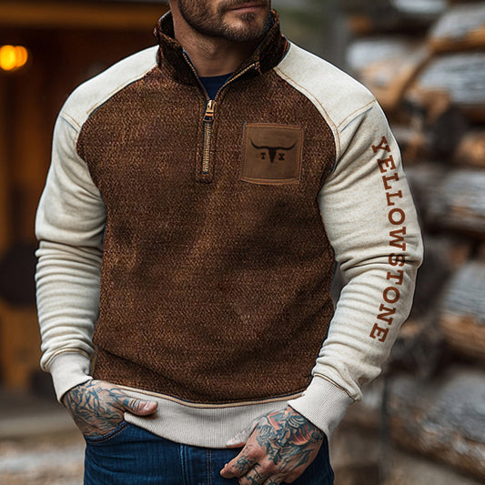 Men's Vintage Yellowstone Texas Bulls Color Contrast Splicing Casual Zipper Stand Collar Sweatshirts