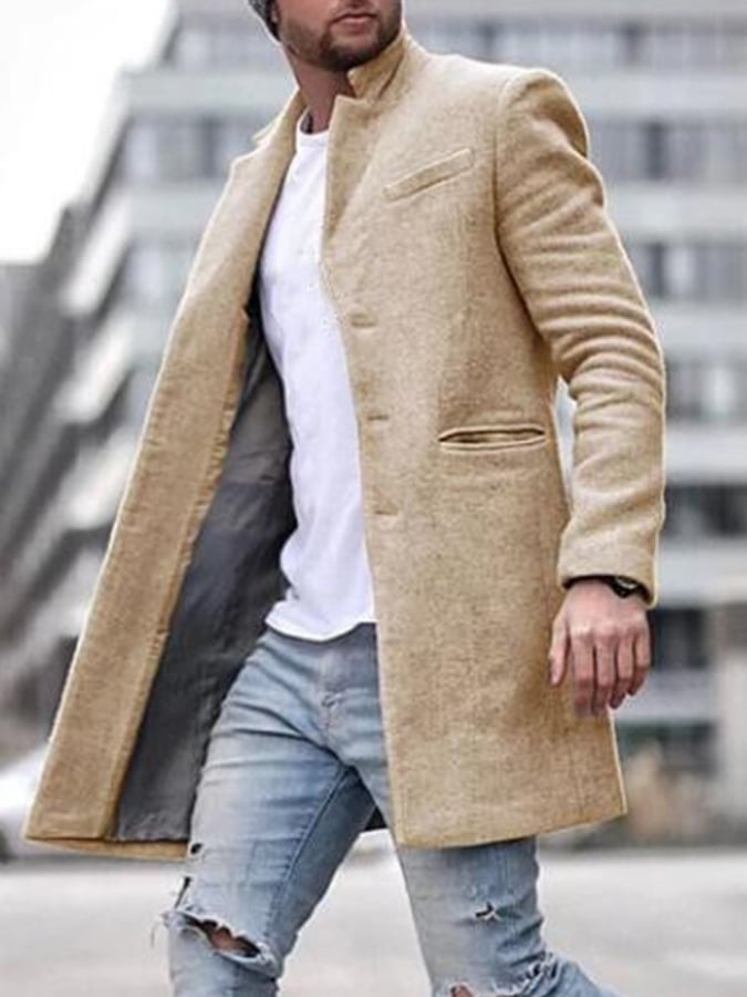 Men'S Commuting Button Lapel Mid-Length Woolen Coat