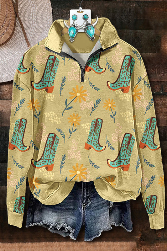 Ranch Boots Print Zipper Sweatshirt