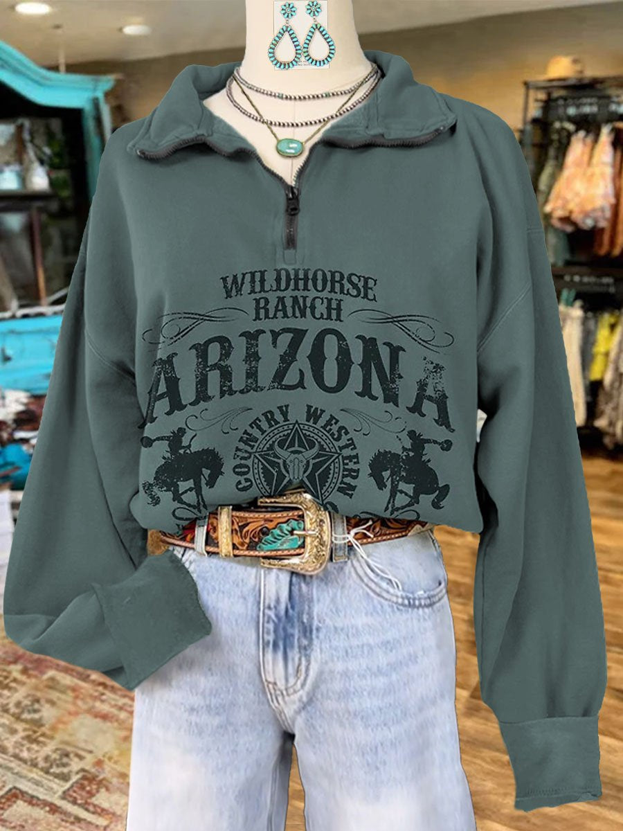 Vintage Cowboy Print Casual Long Sleeve Zip Sweatshirt