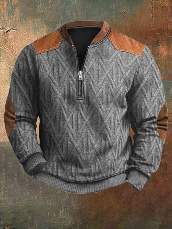 Men's Vintage Knit Print Zip-Up Sweatshirt