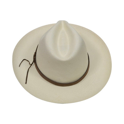 Original Panama Hat - Wide Brim Classic Fedora - White Straw - Brown Leather Band - Handmade in Ecuador by Ecua-Andino - EA-FREE SHIPPING