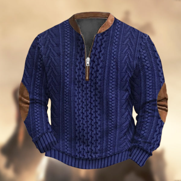 Men's Vintage Western Knit Print Zipper Stand Collar Casual Sweatshirt