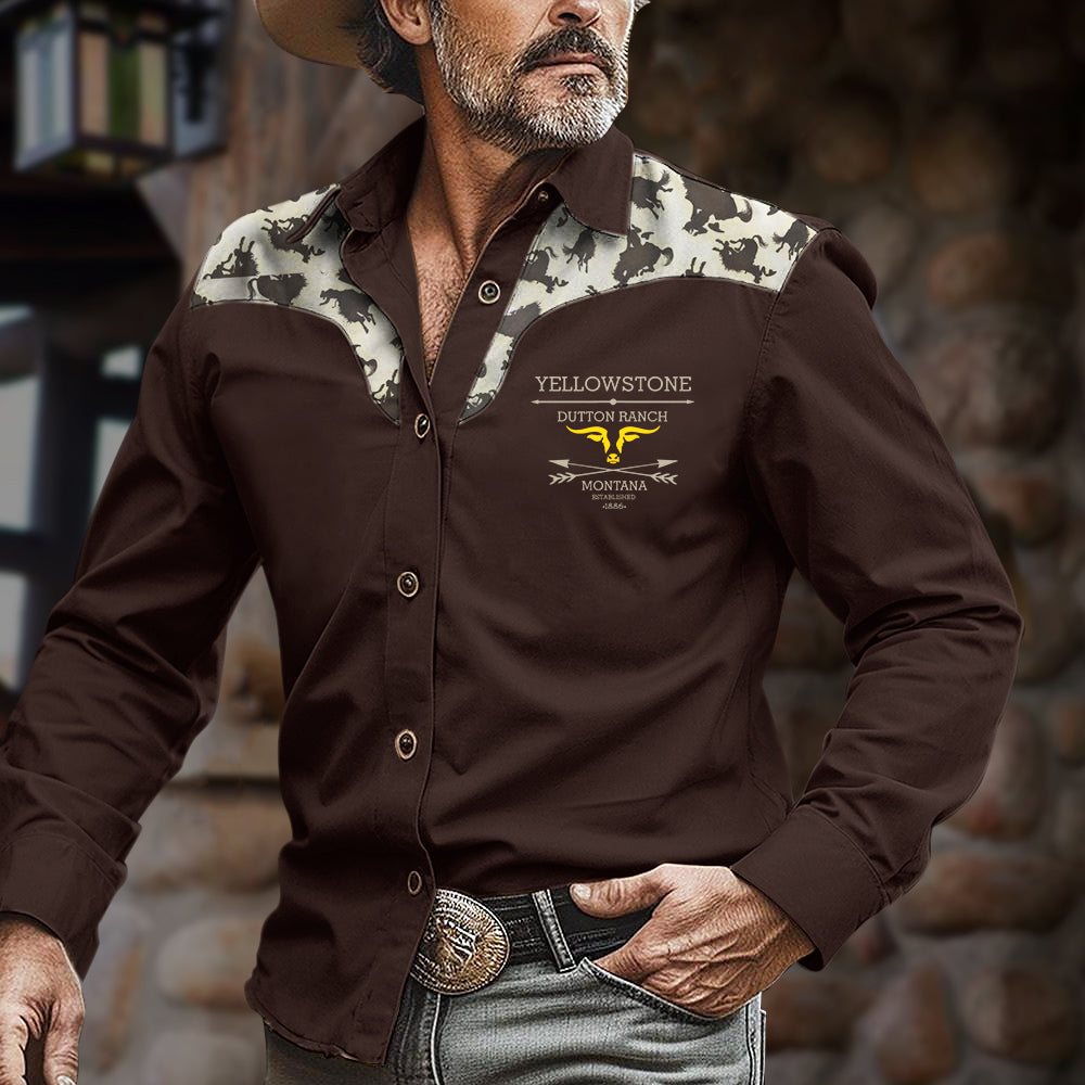 Men's Retro Western Yellowstone Logo Cowboy Horse Racing Pattern Print Long Sleeve Shirt