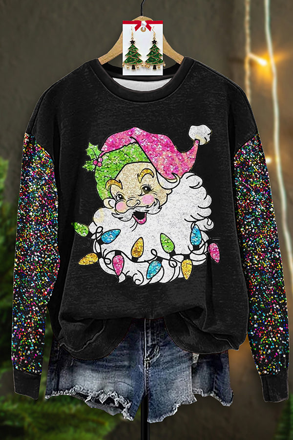 Shiny Sleeve Santa Print Sweatshirt