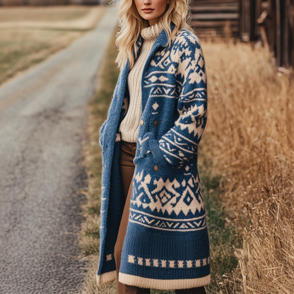 Women's Vintage Western Aztec Print Patterns Blue Long Sleeved Woolen Coat Jacket