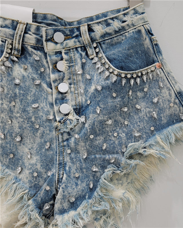 Rhinestone Beaded Fringed 3-Quarter Denim Shorts