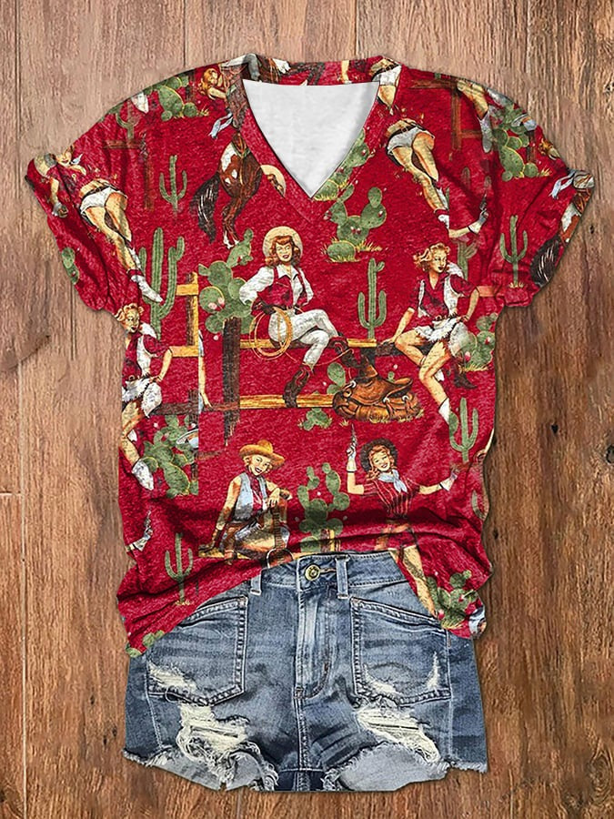 Women's Vintage Western Cowboy Print V-Neck T-Shirt