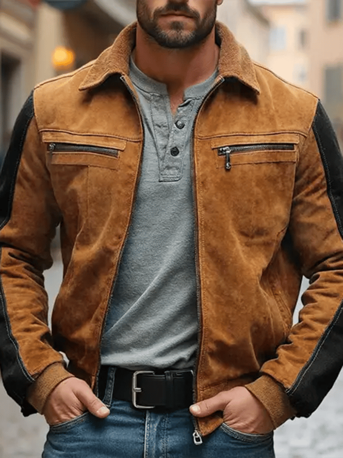 Men's Vintage Suede Multi-Pocket Fur Lapel Outdoor Jacket