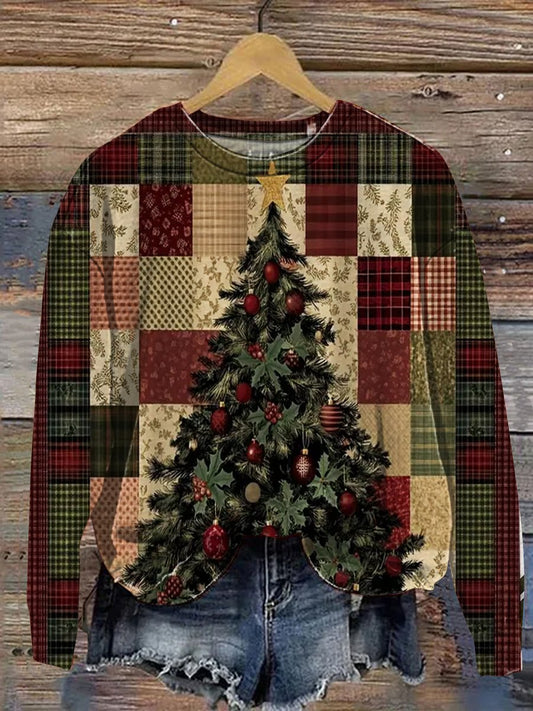 Vintage Christmas Patchwork Art Print Casual Sweatshirt