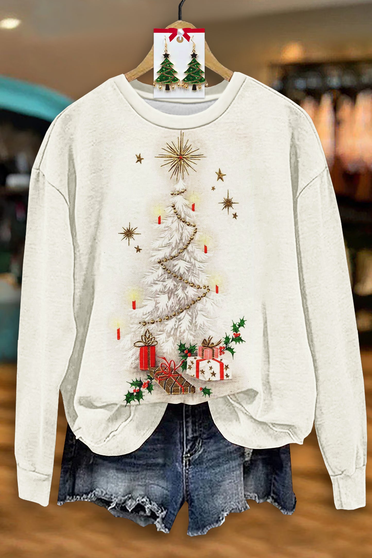 Casual Christmas Tree Print Long Sleeve Sweatshirt