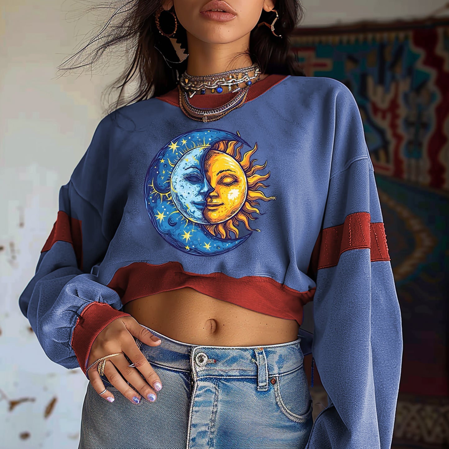 Retro Sun And Moon Print Oversized Sweatshirt