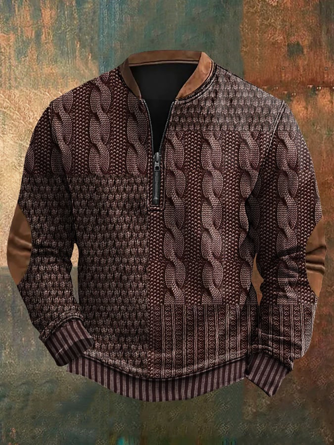 Men's Vintage Western Zipper Stand Collar Khaki  Print Casual Sweatshirt