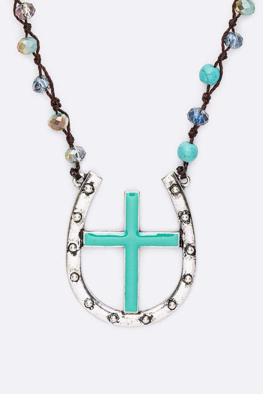 Cross Horse Shoe Pendant Mix Beads Necklace Set