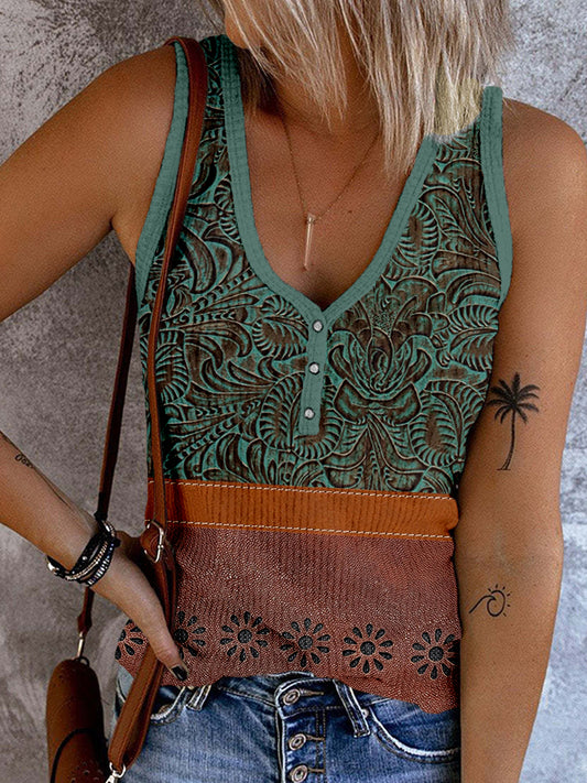 Vintage Floral Leather Button Up Comfy Tank Top