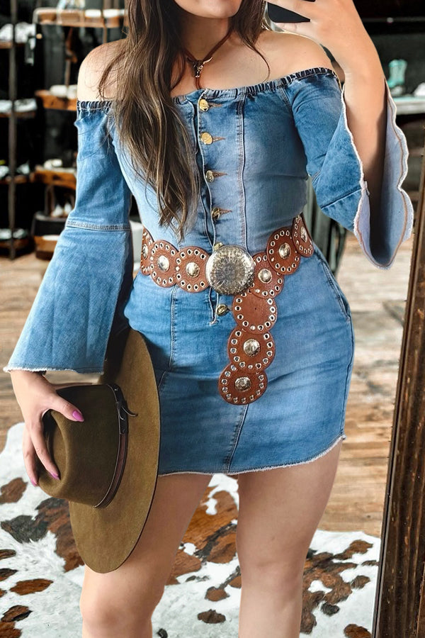 Bell Sleeve Off Shoulder Buttoned Denim Dress