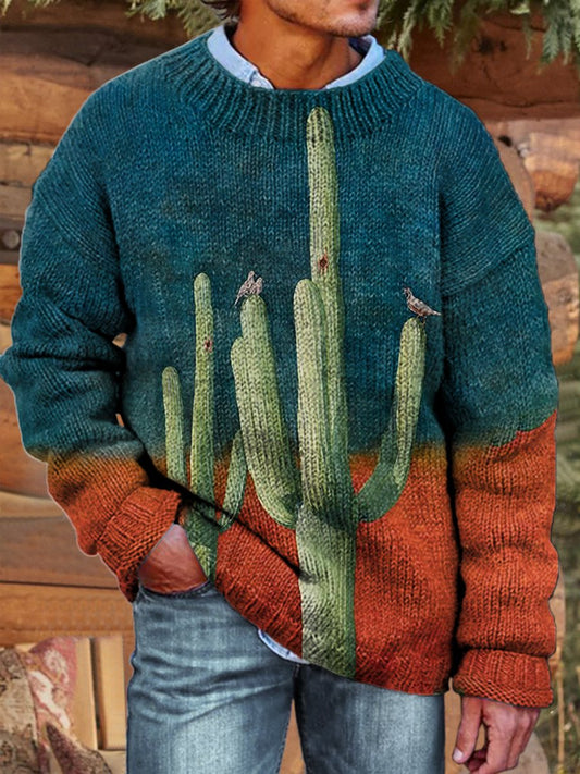 Vintage Western Cactus Print Knit Pullover Sweater