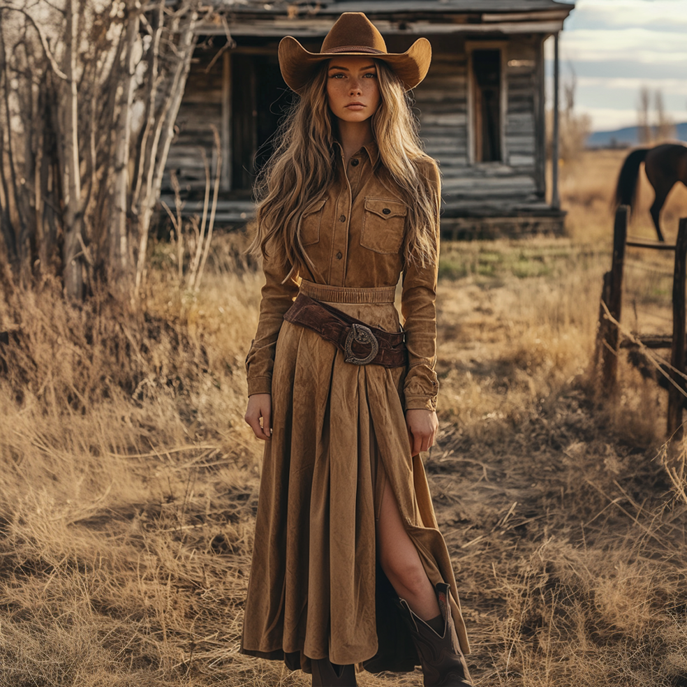 Ladies Vintage Western Style Pastoral Shirt Collar Pocket Rustic Boho Saddle Brown Chamois Dress