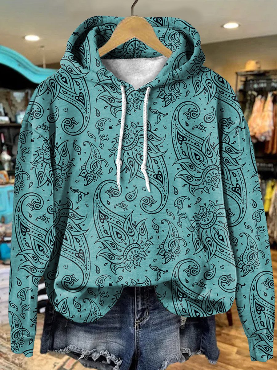 Vintage Green Paisley Cashew Flower Art Print Casual Hoodie Sweatshirt