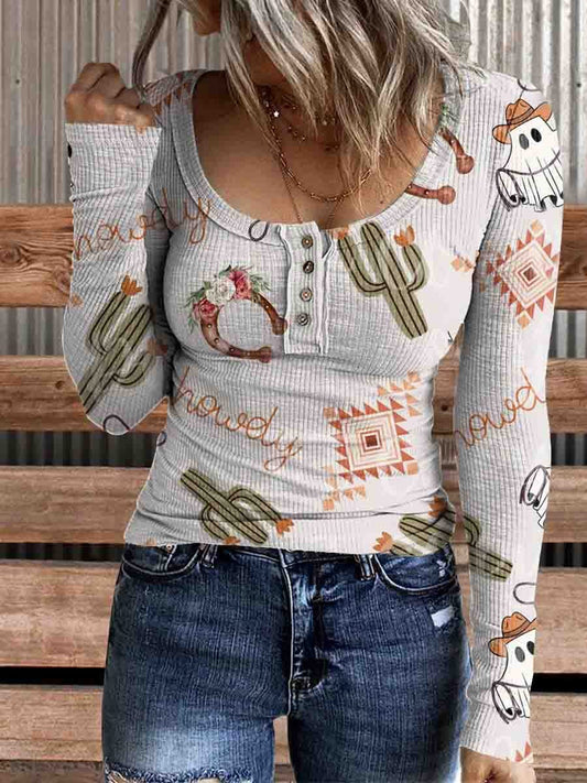 Women's Western Christmas Print Comfortable Cotton Henley Top