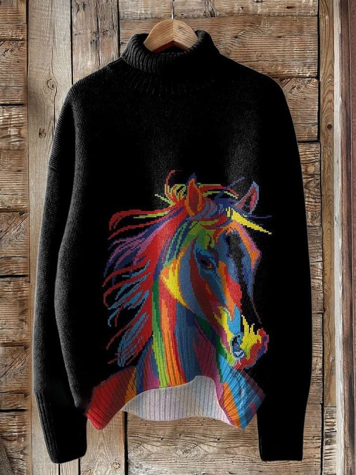 Color Striped Horse Print Knit Turtleneck Pullover Sweater