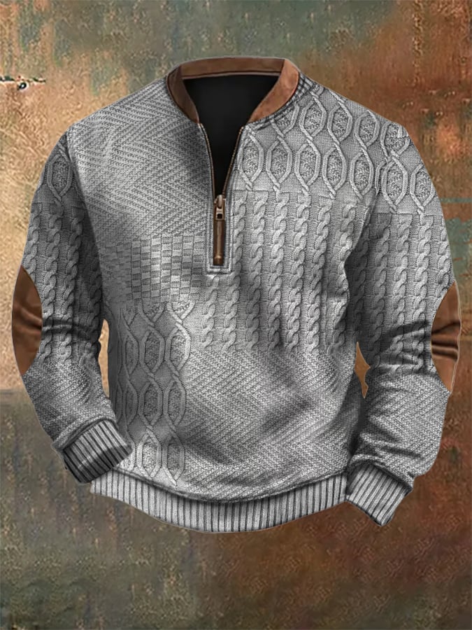 Men's Vintage Knit Print Zip-Up Sweatshirt