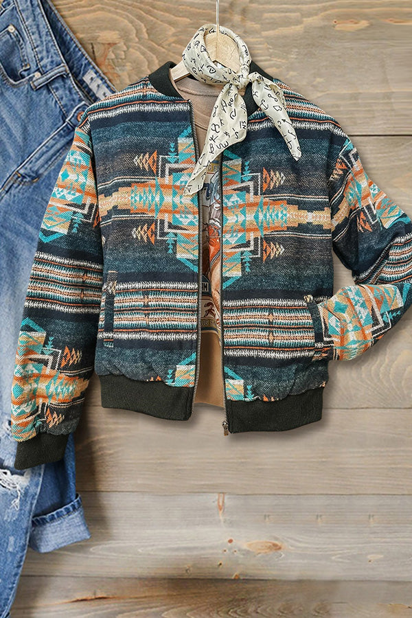 Classic Aztec Print Zip Bomber Jacket